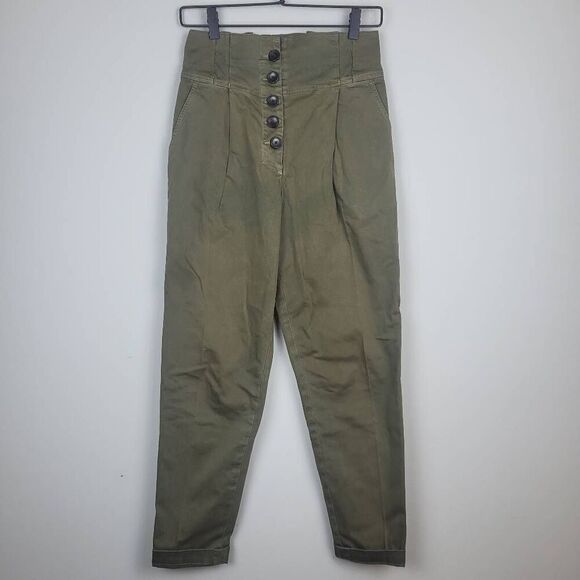ALC Womens Krew Tapered Paperbag Pants Sz 2 Green Button Fly Quiet Luxury Retro - Picture 2 of 10